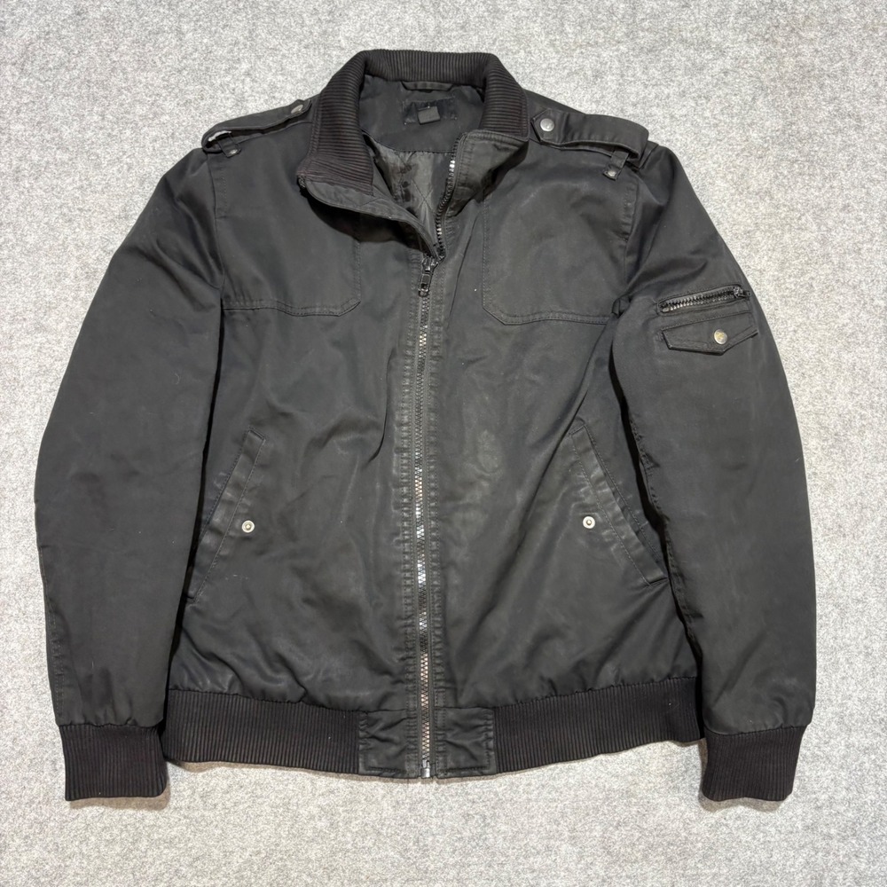 H&M Mens Black Bomber Jacket Military Style Epaulets Full Zip Size 46R